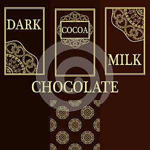 Vector set of design elements and seamless pattern for chocolate and cocoa packaging - labels and background