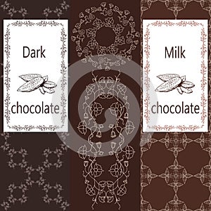 Vector set of design elements and seamless pattern for milk and dark chocolate packaging - labels and background
