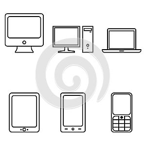 Vector Set of Device Icons. Personal Computer, Monitor, Laptop, Tablet PC, Smartphone and Cellphone