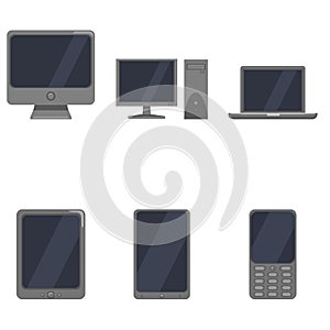 Vector Set of Device Icons. Personal Computer, Monitor, Laptop, Tablet PC, Smartphone and Cellphone