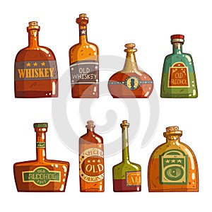 Vector set of different bottles with alcohol. Cartoon isolated vintage bottles of alcohol
