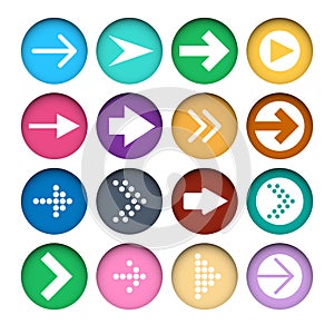 Vector set of different color Arrows icons in cut paper buttons