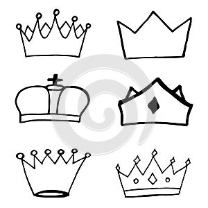 Vector set of different crowns in doodle style. Isolated on white background. Royal imperial coronation symbols. Vector