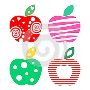 Vector set of different fruits illustrations. Decorative ornamental colorful apples isolated on the white background