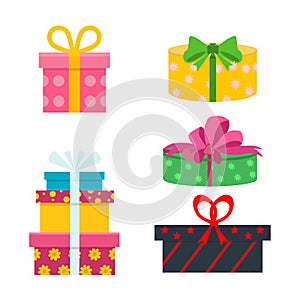 Vector set of different gift boxes. Flat birthday design.