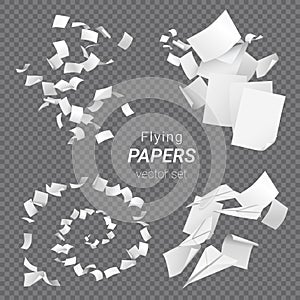 Vector set of different groups of flying papers and paper planes isolated on transparent background
