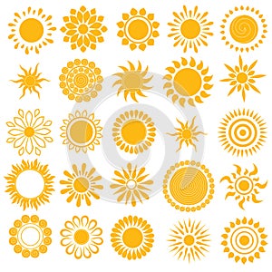 Vector set of different hand drawn suns. .