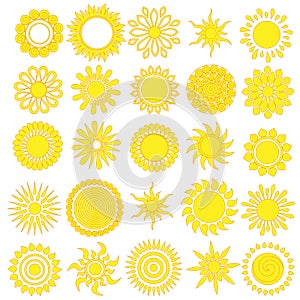 Vector set of different hand drawn suns. .