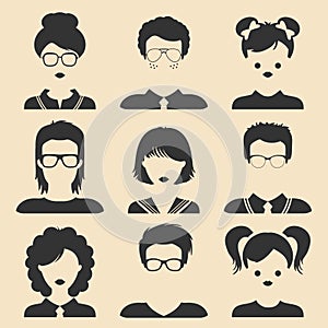 Vector set of different male and female children icons in trendy flat style.People faces.Collection of students avatars.