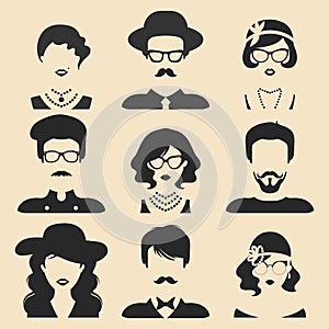 Vector set of different male and female icons in trendy flat style. People faces or heads collection.