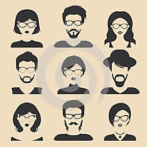 Vector set of different male and female icons in trendy flat style. People faces and heads images collection.