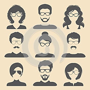 Vector set of different male and female icons in trendy flat style. People faces icons collection.