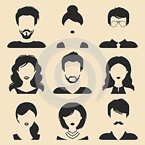 Vector set of different male and female icons in trendy flat style. People faces images collection.