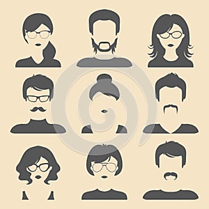 Vector set of different male and female icons in trendy flat style. People heads and faces images collection.