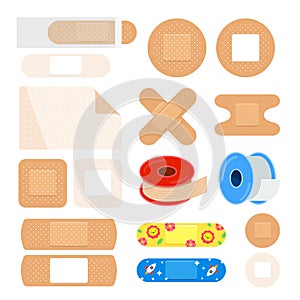 Vector set of different plasters. First aid equipment.
