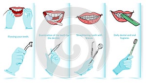 Vector set of different professional cards for dentists. Information on oral hygiene. Dental floss, dental instruments