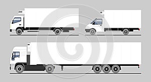 Vector set of different refrigerated trucks, side semi-trailer, side view. White blank truck template for advertising. Freight