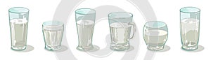 Vector set of different sized, shapes and heights glassware in line. Transparent cups, glasses, mug.