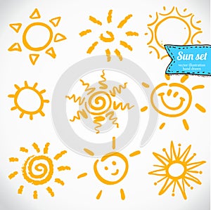 Vector set of different suns , hand drawn illustration