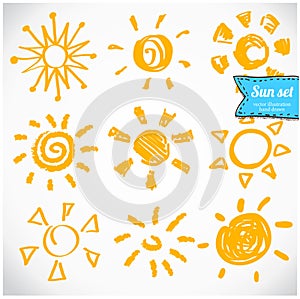 Vector set of different suns , hand drawn illustration