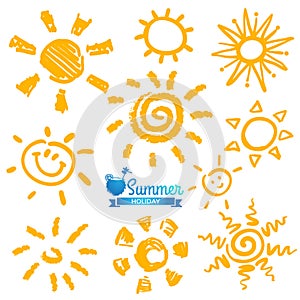 Vector set of different suns , hand drawn illustration