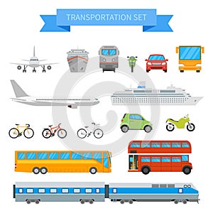 Vector set of different transportation vehicles isolated on white background. Urban transport icons in flat style design