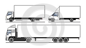 Vector set of different trucks, semitrailer. White blank template truck for advertising, for coloring books. Freight