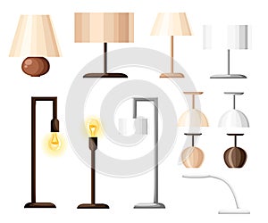 Vector set of different types of indoor lighting: pendant, ceiling light, spotlight, wall light, table shade lamps, reading lamp a