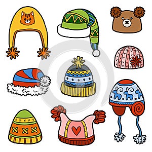 Vector set of different winter hats with animals