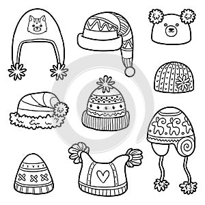 Vector set of different winter hats with animals and geometric pattern