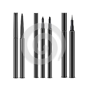 Vector Set of Diffrent Black Cosmetic Makeup Eyeliner Pencils with without Caps Isolated on White Background