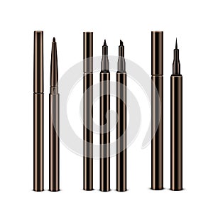 Vector Set of Diffrent Brown Cosmetic Makeup Eyeliner Pencils with without Caps Isolated on White Background