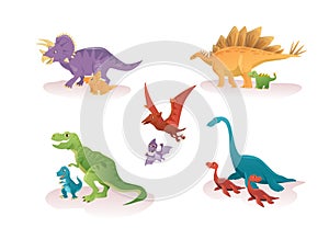 Vector set of dinosaurs with their cubs Tyrannosaurus, Dinosaur, Pteranodon, Ankylosaurus, Dinosaur, Plesiosaurs