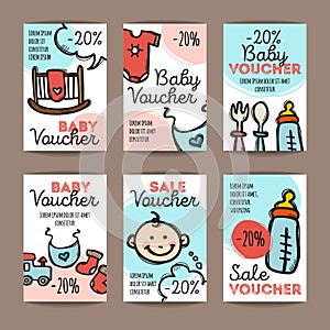 Vector set of discount coupons for baby goods. Colorful doodle style voucher templates. Baby accessories and clothes