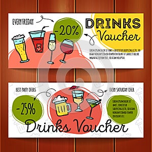 Vector set of discount coupons for beverages. Colorful doodle style alcohol drinks voucher templates. Cocktail bar promo