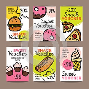 Vector set of discount coupons for fast food and desserts. Colorful doodle style voucher templates. Snack promo offer