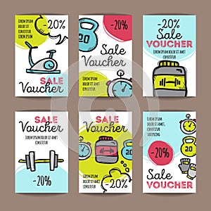 Vector set of discount coupons for sport accessories. Colorful doodle style voucher templates. Gym and fitness equipment