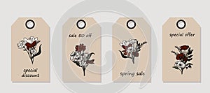 Vector set of discount price tags. Labels with Wild flowers and leaves. Spring sale.