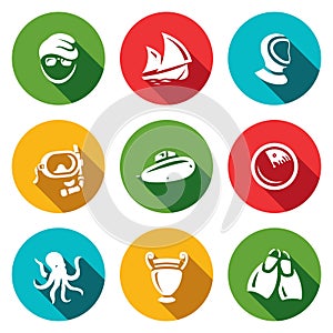 Vector Set of Diving Icons. Diver, Ship, Wetsuit, Mask, Submarine, Radar, Octopus, Amphora, Flippers.