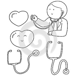 Vector set of doctor, stethoscope and heart