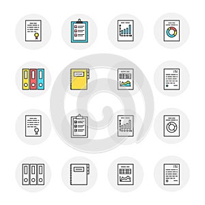 Vector set of documents icons with outline and colored