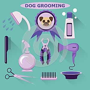Vector set of dog grooming tools. Flat style. Dog care.