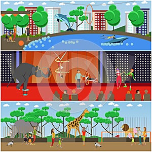 Vector set of dolphinarium, circus and zoo flat posters, banners photo