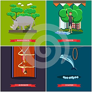 Vector set of dolphinarium, zoo and circus posters, flat style