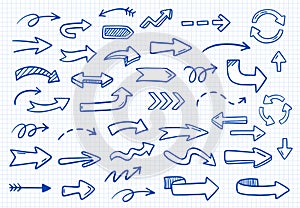 Vector set of doodle arrows. Hand-drawn, doodle elements on paper background.