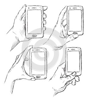 Vector set of doodle hands drawn human holding smart phone