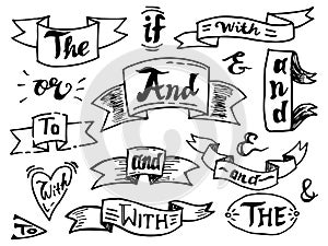 Vector set of Doodle Handwritten catchwords and ampersands with ribbon