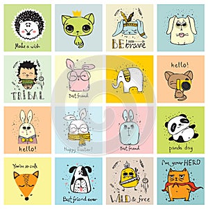 Vector set of doodle hipster animals. Perfect for greeting cards design, t-shirt prints and kid's posters.