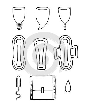Vector set of doodle menstrual pad tampon