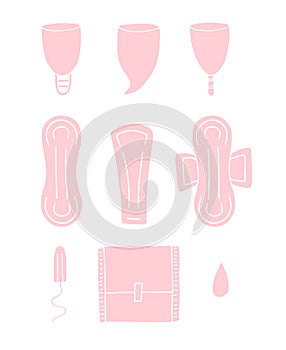 Vector set of doodle menstrual pad tampon and cup